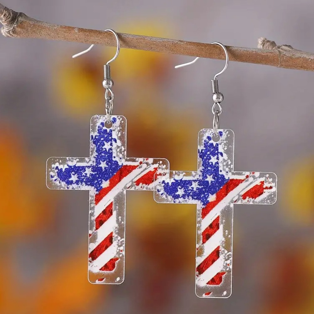 NWT American Flag Cross Dangle Earrings